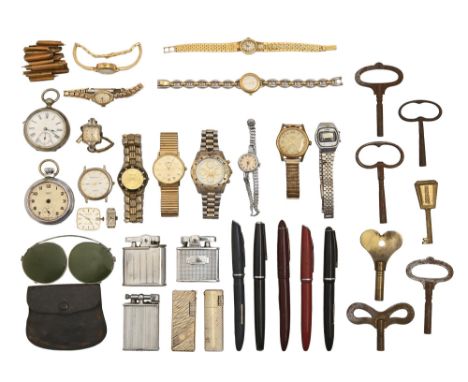 A vintage Platinum fountain pen and various others, a silver plated pocket watch, wristwatches, cigarette lighters and clock 