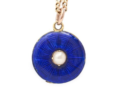 A gold and blue guilloché enamel locket, late 19th c set with a seed pearl, the reverse with gilt mirror monogram, 19mm dia a