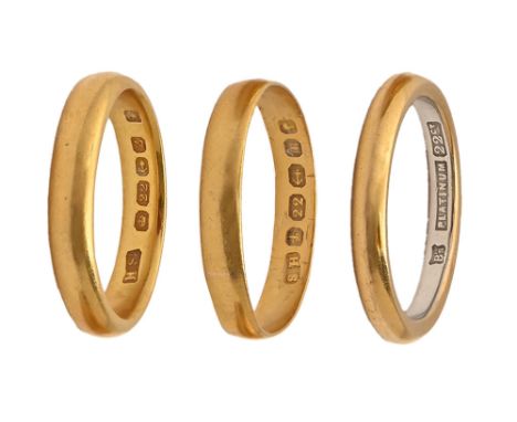 A 22ct gold and platinum wedding ring and two 22ct gold wedding rings, 12g, various sizes  All with generally slight wear, on