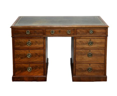 A mahogany pedestal desk, early 20th c, fitted with nine figured drawers with brass ring pulls and opposing blind drawers, 77