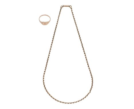 A gold necklet, c.1900, 42.5cm l and a gold signet ring, 7g (2)  Ring worn