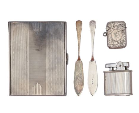 A George VI silver cigarette case, engine turned, 10.5cm l, by Walker &amp; Hall Ltd, Sheffield 1939, a silver vesta case and