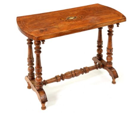 A Victorian bow ended walnut and inlaid stretcher table, 65cm h; 40 x 85cm  Veneers on the top uneven