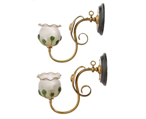 A pair of English art noveau swan neck gas wall lights, circa 1900,&nbsp;converted to electricity with later glass lamp shade
