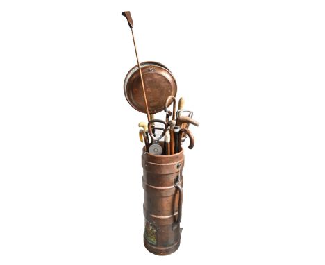 A 19th c leather cordite bucket, twin handles, embossed NRCD and broad arrow, 74cm h, later decorated with a military coat of