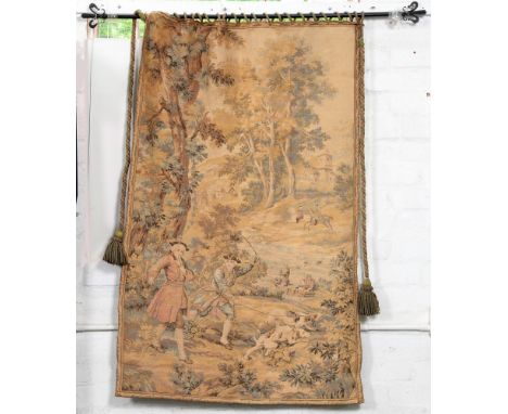 A Belgian machine woven hunting tapestry, early 20th c, 136cm x 88cm  Typically faded, held with iron rail
