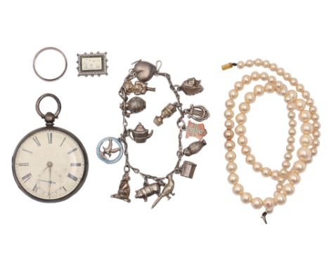 An English silver fusee lever watch, William Marshall, Grantham, no 2812, 48mm diam, London 1862, a silver charm bracelet, ri