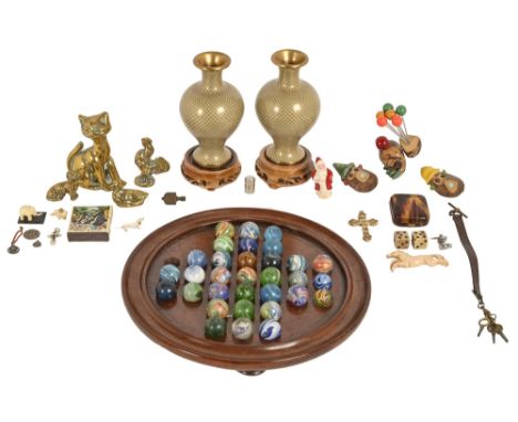 A pair of Chinese cloisonne enamel oviform vases, 14cm h, Victorian and later glass marbles, turned mahogany solitaire board 