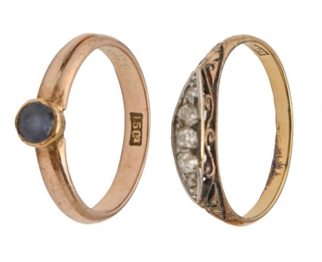 A diamond ring, gold hoop marked 18ct, 1.7g and a sapphire ring, gold hoop marked 15ct, 2.3g, size K, L (2)  Sapphire scratch