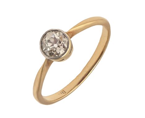 A diamond ring with old-cut diamond, collet set, in gold marked 18, 2.8g, size P  Good condition