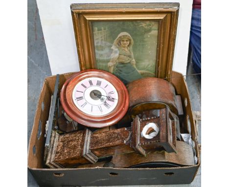 A Victorian mahogany wall clock, the enamel dial with pink chapter ring, pendulum and weights, a stained wood miniature longc