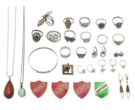 Miscellaneous silver jewellery, several items gem set, 2ozs 10dwts and four base metal enamel badges  