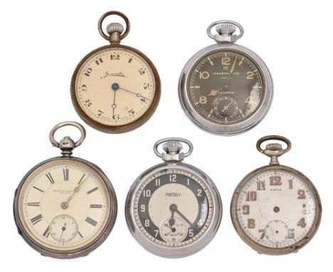A silver lever watch, Morris Wartski, Bangor, no.78451, milled band, 54mm diam, Chester, 1896 and four various keyless lever 