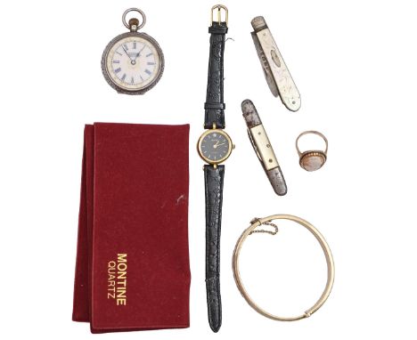 A cameo ring, in 9ct gold, London 1976, 4.36g, size O, a silver lady's watch, silver fruit knife, silver bangle and two other