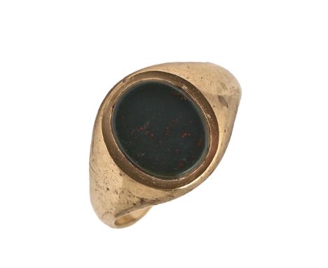 An onyx signet ring in 9ct gold, marks obscured, 4.5g  Hoop distorted