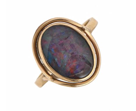 An opal doublet ring in gold marked 9ct, 3.9g, size O  good condition