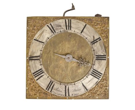A longcase clock movement, 19th c, brass dial with silvered chapter ring inscribed John Morris, Pershore No 429, 25cm diam  M