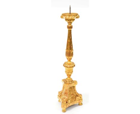 A giltwood altar candlestick, possibly 19th c, in Italian Baroque style, 97cm h excluding spike  Re-gilt, gilding chipped