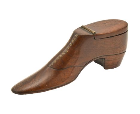 Treen. A Victorian fruitwood shoe novelty snuff box, with brass pin detail, 13.5cm l  A typical example in unusually good con