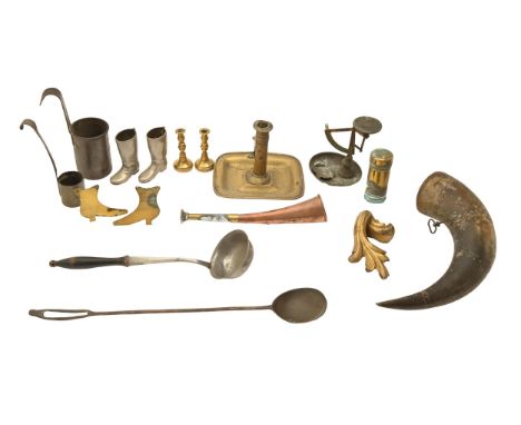 Miscellaneous Victorian brass and other metalware, to include a copper culinary ladle, another, tin half pint dip measure, hu