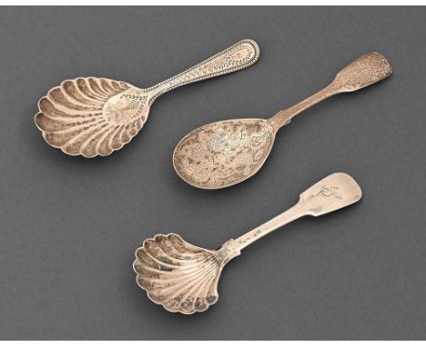 A George III silver caddy spoon, Fiddle pattern, by Thomas Watson, Newcastle 1835, and two other silver caddy spoons, Birming