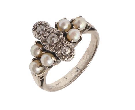 A diamond and cultured pearl ring, in white gold-coloured metal, 4g, size H  wear consistent with age
