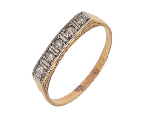 A diamond ring,&nbsp; millegrain set in gold, marked 18, 2.3g, size P  Wear consistent with age
