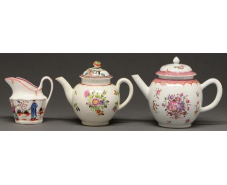 A Worcester polychrome teapot and a contemporary Worcester chinoiserie cover, c1770,&nbsp; a New Hall, hard paste, Boy and Bu