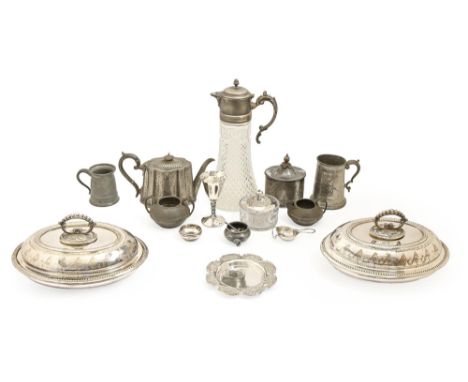 Miscellaneous plated ware,&nbsp; to include a&nbsp;pair of EPNS entrée dishes, claret jug and pewter hollow ware to include a