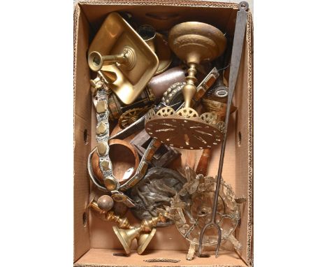 A 19th c burnished steel toasting fork, a giltmetal and cut glass bag chandelier, miscellaneous Victorian and later brass and