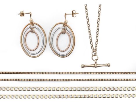 Two 9ct gold chains and a pair of gold triple hoop earrings 16.4g, and a base metal chain (5)  Undamaged