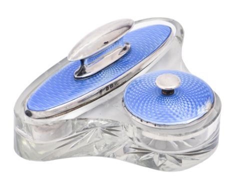 A glass dressing table stand, with silver and blue guilloche enamel cover and nail buffer, 11.5cm l, marks rubbed, Birmingham