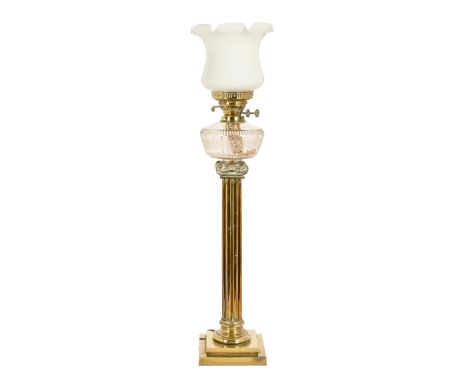 A Victorian brass oil lamp, on reeded column, cut and etched glass font, converted to electricity, 69cm h excluding fitment  