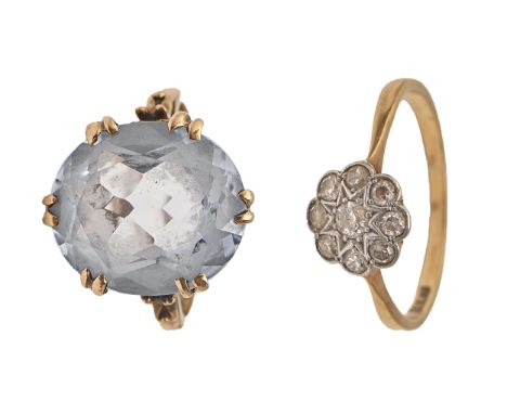 A diamond ring, early 20th c, with old-cut diamonds, in gold marked 18ct and another gem-set ring, in 9ct gold, 2.3g and 5.7g
