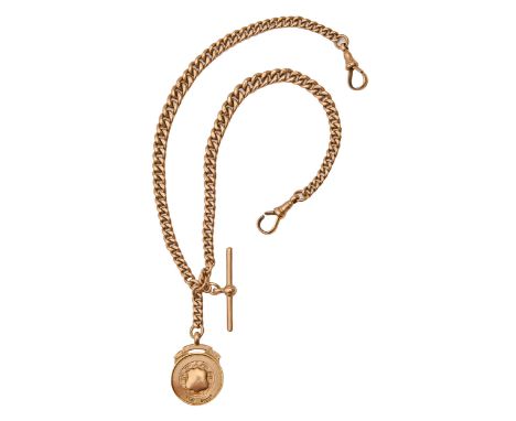 A 9ct gold Albert, c1900,&nbsp;with T bar, 41.5cm l, links individually marked and a contemporary 9ct gold watch fob shield, 