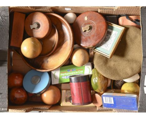 A vintage money bank in the form of a postbox, and other items including treen bowls, hardstone eggs, a&nbsp; tape measure, a
