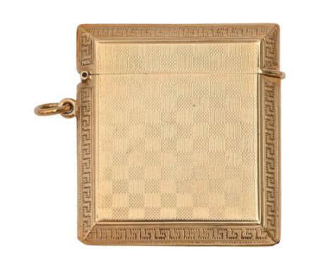 A George IV 9ct gold vesta case, engine turned in chequer pattern, 51mm h, by The Goldsmiths &amp; Silversmiths Co Ltd, Londo