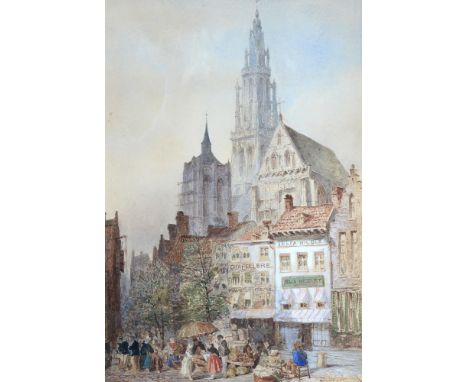 John Fulleylove RI (1845-1908) - Market Day, signed and dated '72, watercolour, 40cm x 27.5cm and a Victorian lithograph of a