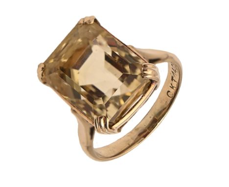 A citrine ring in gold marked 14ct, 5.6g, size I  good condition