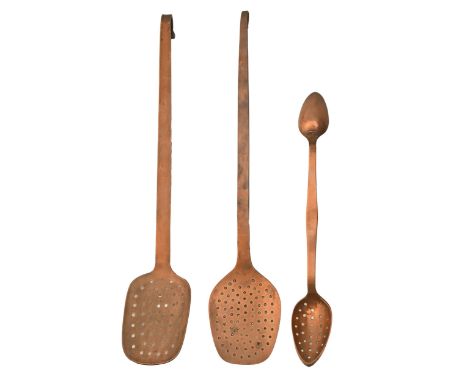 Two copper culinary skimmers and a ladle, 19th c, 46cm l and shorter  Good condition