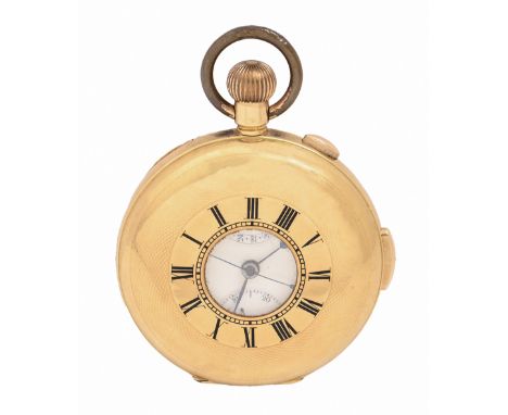 A Swiss 18ct gold half hunting cased, minute repeating, keyless lever chronograph, late 19th c, with enamelled dial and twin 