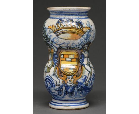An Italian maiolica albarello or apothecary's wet drug jar, dated 1746, painted in tones of blue, yellow, green and manganese