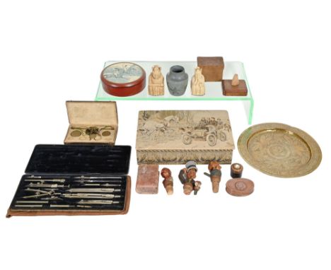 Miscellaneous 19th c and later bygones,&nbsp;to include copper snuff box, engraved brass dish, carved and stained wood novelt