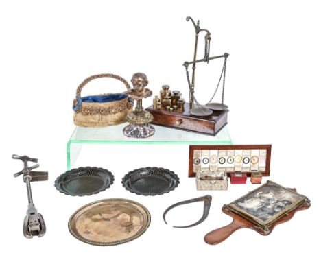 Miscellaneous Victorian and later bygones, including brass apothecary scales on walnut base, brass mounted mahogany triptych&