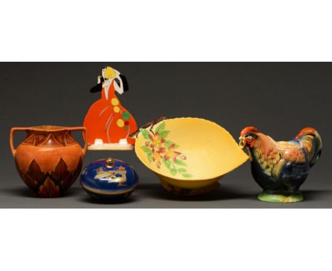 A Clews &amp; Co Chameleon ware vase, c1920,&nbsp; 15.5cm h, a Wedgwood Age of Jazz group after the model by Clarice Cliff, a