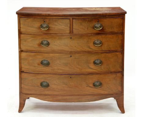 A Victorian bow fronted mahogany chest of drawers,&nbsp;on splayed feet, 102cm h; 52 x 104cm  Top water stained and scratched