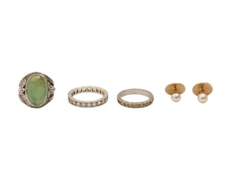 Two white gold eternity rings, a Chinese jade ring in silver and a pair of cultured pearl and gold dress studs, ring size J, 