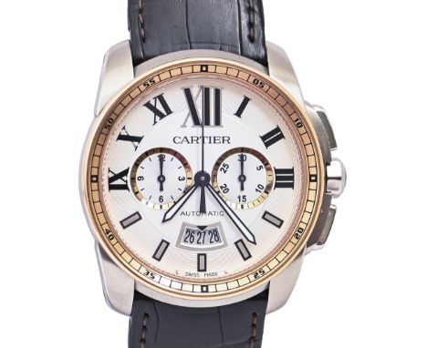 A Cartier bi-metal self-winding chronograph wristwatch, Calibre de Cartier, Ref 3578, no 2303BB12, c2006, maker's leather bra