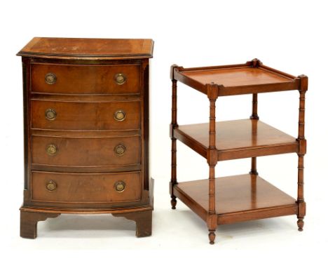A reproduction bow fronted mahogany chest of drawers, 75cm h; 38 x 51cm and a mahogany whatnot of three tiers in Regency styl