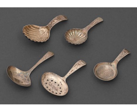 Five George III silver caddy spoons, including engraved, bright cut and feather edge examples, by various makers, Birmingham 